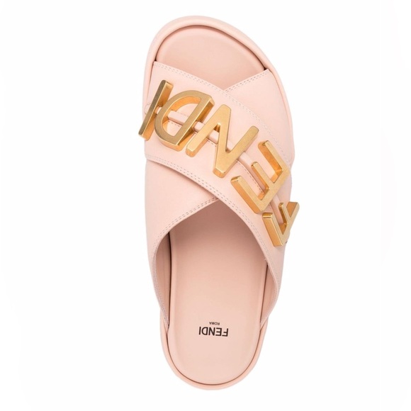 NWT FENDI LETTERING LOGO LEATHER FLAT SLIDES FENDIGRAPHY - Picture 1 of 4